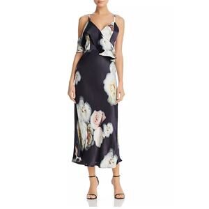La Maison Talulah Lucille Floral Satin Black Midi Dress XL V-Neck Sleeveless